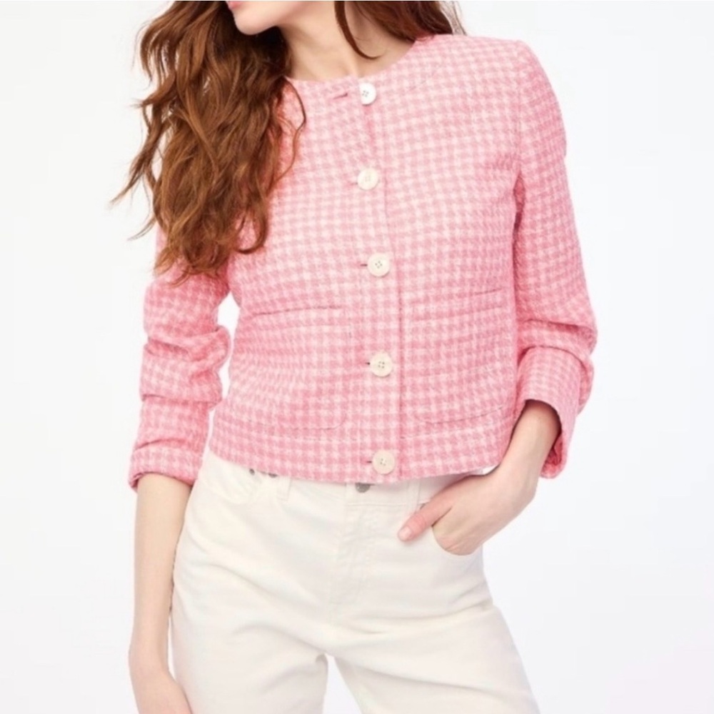 J CREW Tweed Patch Pocket Lady Jacket 16 Pink Houndstooth Old Money Preppy Chic